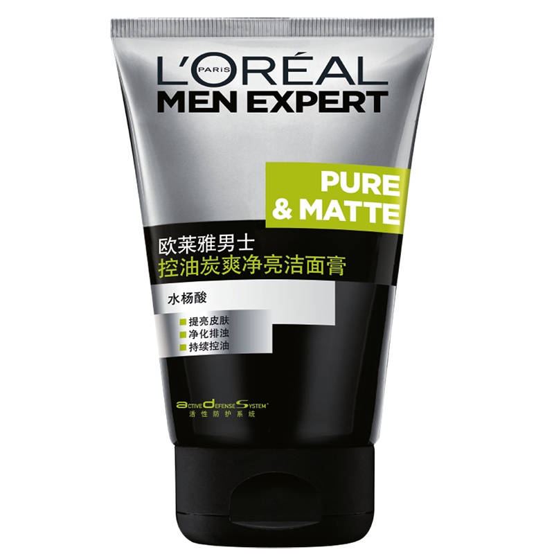 欧莱雅(LOREAL)男士控油炭爽净亮洁面膏100ml 深层清洁 各种肤质 洗面奶 L'OREAL