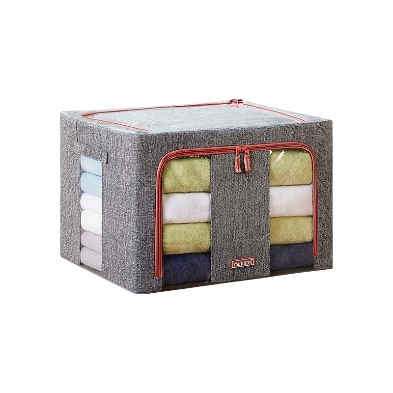 山山 衣服收纳箱布艺玩具被子大容量收纳袋三视窗加粗钢架可折叠棉麻整理箱66升3只装 灰色