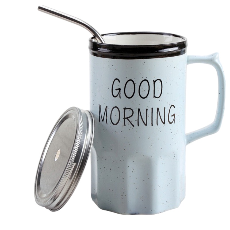 贝瑟斯 不锈钢吸管陶瓷马克杯带盖办公室喝水杯咖啡杯牛奶杯