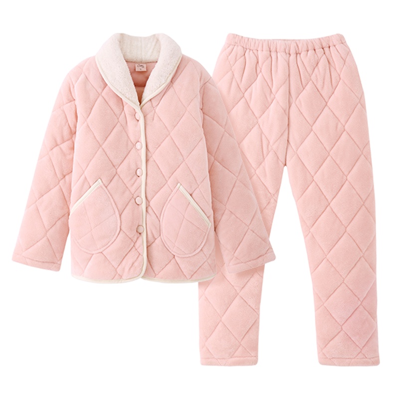 都市丽人时尚开衫翻领夹棉长袖长裤秋冬女士家居服套装睡衣1H91A0