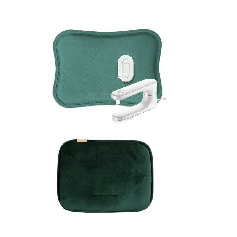 苏宁宜品热水袋充电式暖水袋防爆煖宝宝暖手宝女敷肚子热宝毛绒可爱-哑光绿[热水袋+双插手保暖布套+防爆夹]
