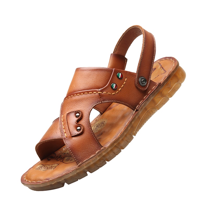 牧伦奴仕(MULUNUSHI)新款夏季凉鞋男拖鞋时尚耐磨沙滩鞋男士休闲鞋头层牛皮(除牛反绒)凉拖鞋牛筋底黄棕色50335