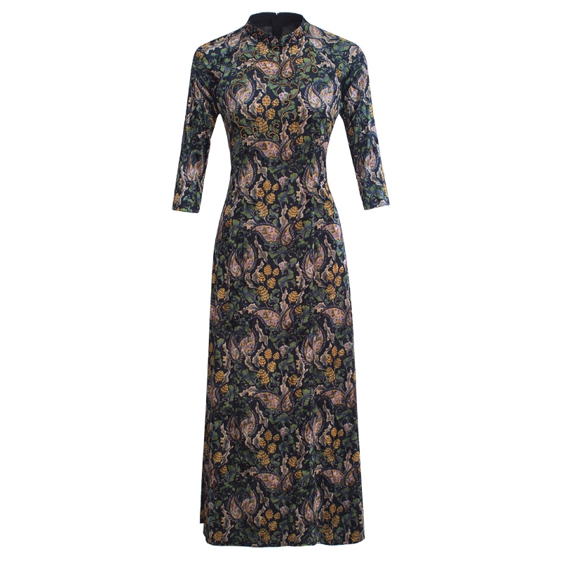 改良旗袍连衣裙 秋季女2021新款长袖高端复古大码丝绒裙