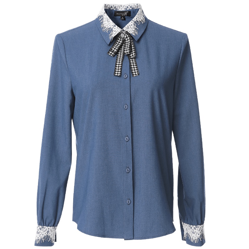 欧昵雪秋装拼接蕾丝蝴蝶结千鸟格衬衫女上衣长袖衬衣