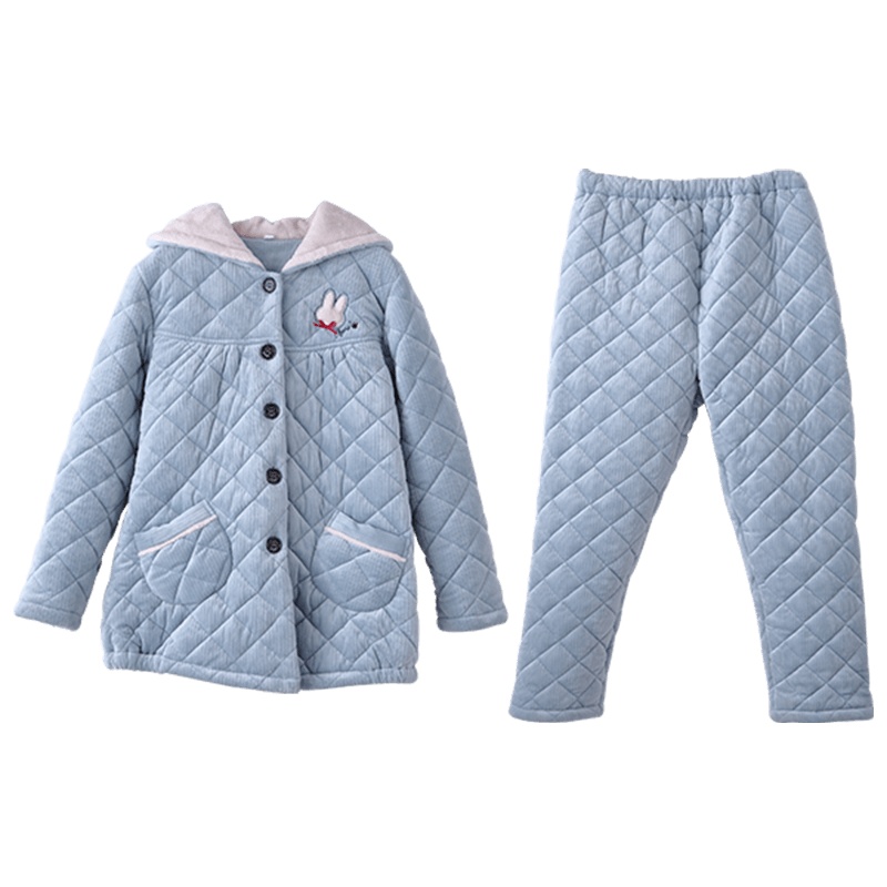 安之伴睡衣女秋冬季夹棉三层加厚法兰绒加绒连帽可外穿可爱套装