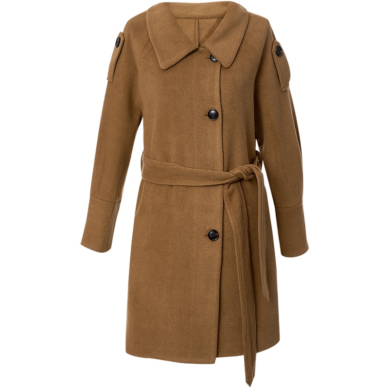 欧昵雪秋冬毛呢外套女复古翻领时尚系带中长款呢子大衣