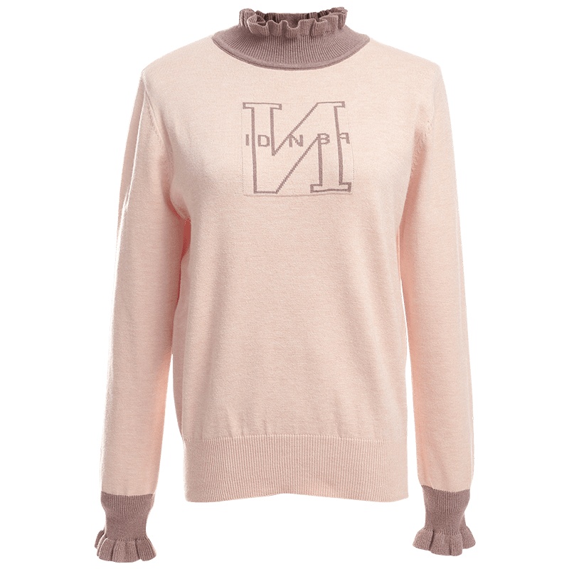 欧昵雪冬装木耳边半高领毛衣女宽松字母绣花短款针织衫