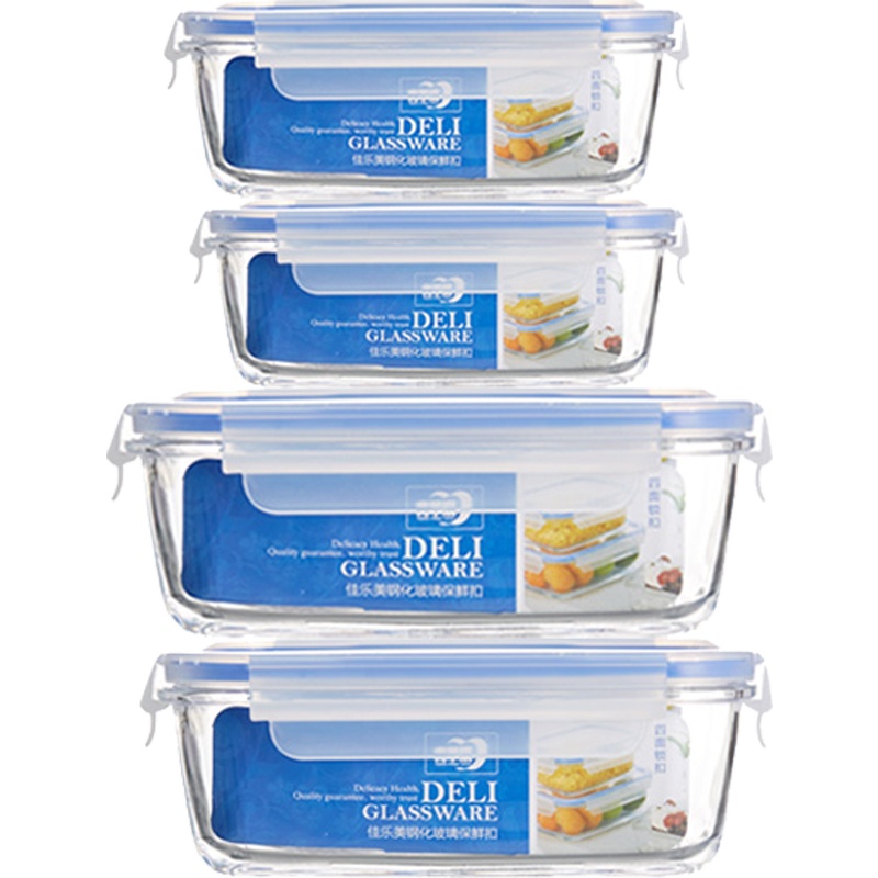青苹果玻璃保鲜盒长方形大容量耐热便当盒微波炉加热饭盒玻璃碗套装四件套EP02-4-4