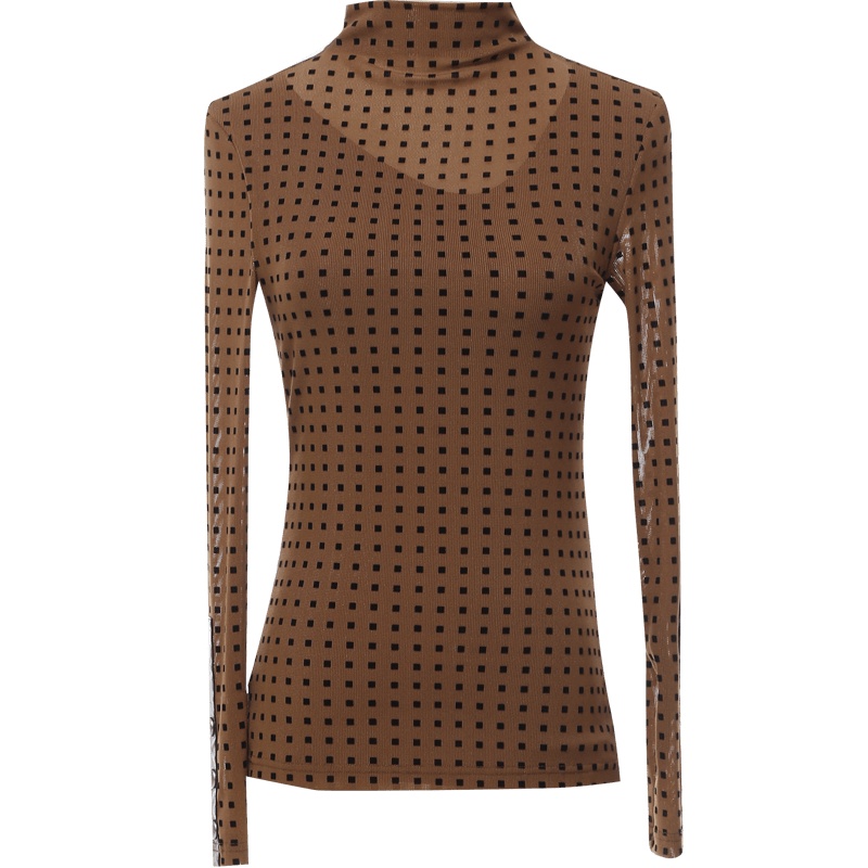 欧昵雪秋装半高领点点修身显瘦T恤上衣女套头长袖打底衫