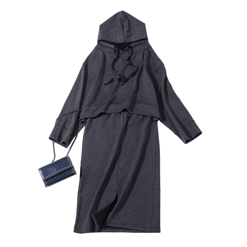 晚白女装2019春季新款套装裙纯色连帽领T恤松紧腰中长款包臀裙两件套