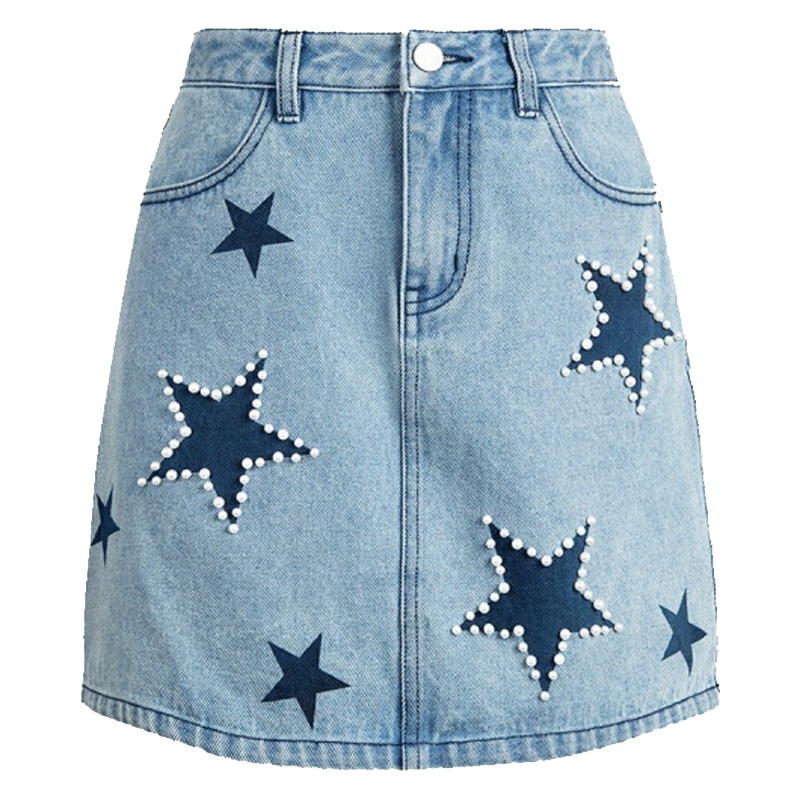 【专柜同款】拉夏贝尔夏季新款牛仔半身裙韩版印花短裙高腰A字包臀浅色裙子20011852 牛仔蓝 S