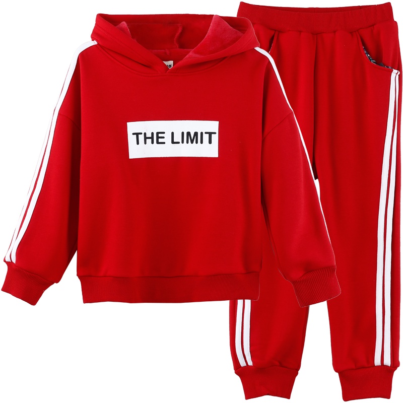 小红豆男童加绒卫衣套装女童2019秋冬新款韩版连帽落肩加厚两件套