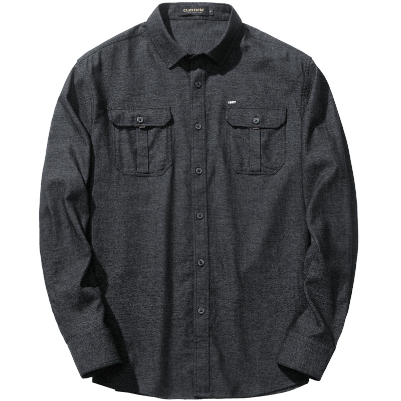 千纸鹤男士修身长袖衬衫2019秋季新款青年帅气复古纯棉上衣10163