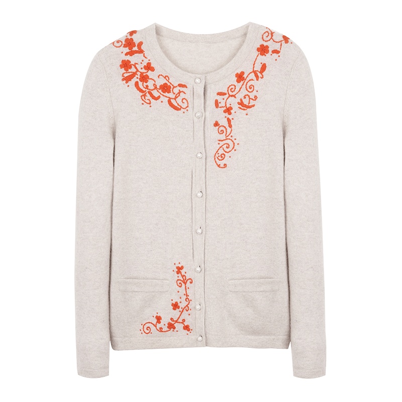 鄂尔多斯ERDOS 秋冬纯羊绒圆领装饰羊绒开衫女士针织衫/毛衣