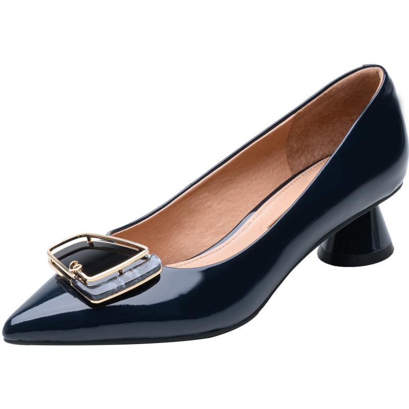 百田森商场同款2021春季新款牛漆皮金属扣粗跟高跟鞋气质女神范