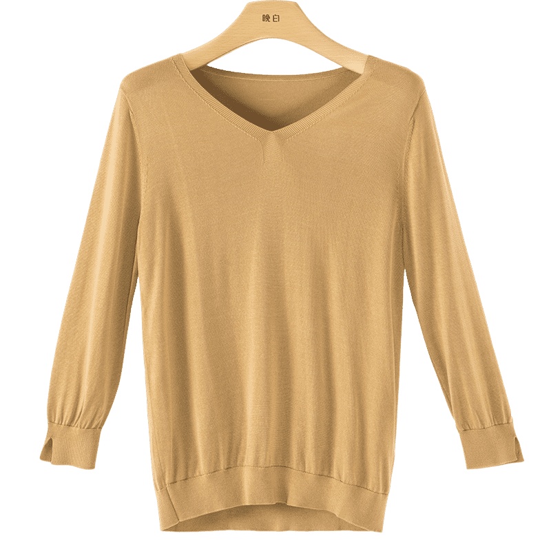 晚白2021春季新品简约百搭V领纯色休闲常规打底衫套头薄针织衫女