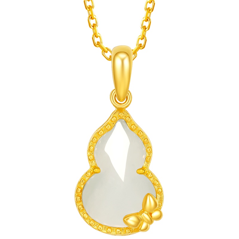 周六福金镶玉吊坠女款黄金蝴蝶足金圈白玉葫芦福禄和田玉正品玉坠AWYB046277