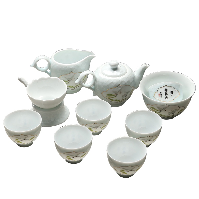 苏氏陶瓷(SUSHI CERAMICS)茶具套装手工描金影青宁静致远配小杯茶洗带礼盒精品陶瓷茶具组(茶壶)