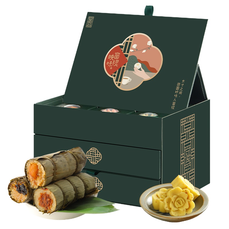 悠享时端午节传统礼品蛋黄鲜肉粽子礼盒豆沙粽蛋黄酥麻薯桂花绿豆糕组合企业团购定制送礼佳品 窗棂映味三层礼盒