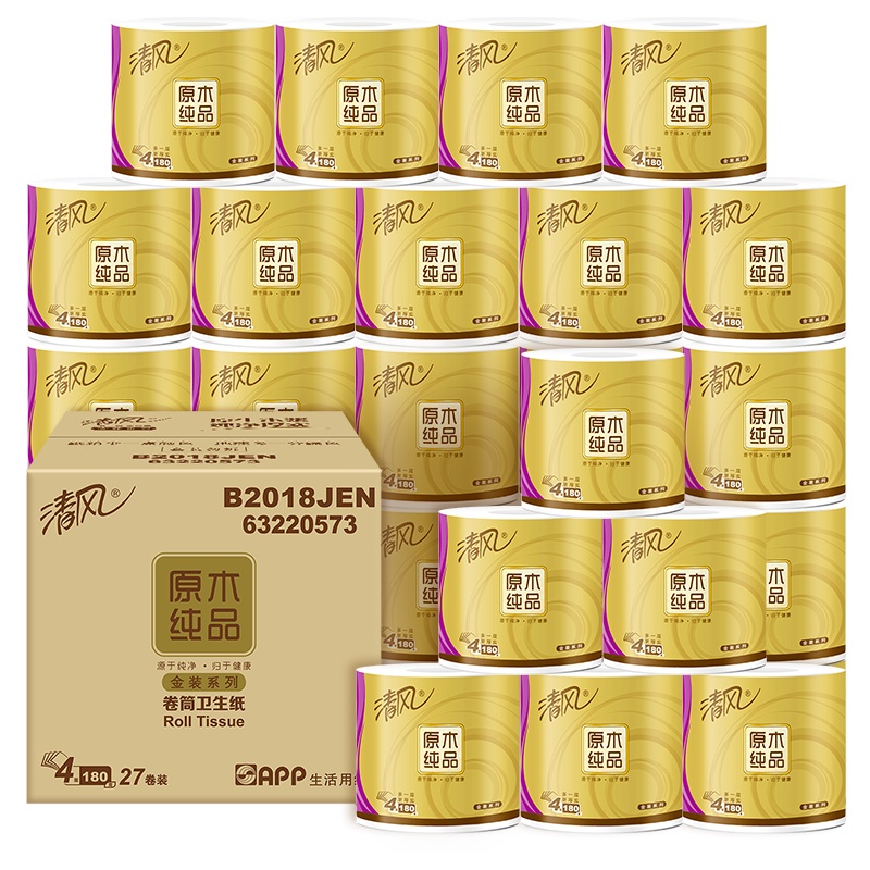 清风 卷纸 原木纯品金装系列 4层180克27卷 卫生纸 有芯卷筒纸巾