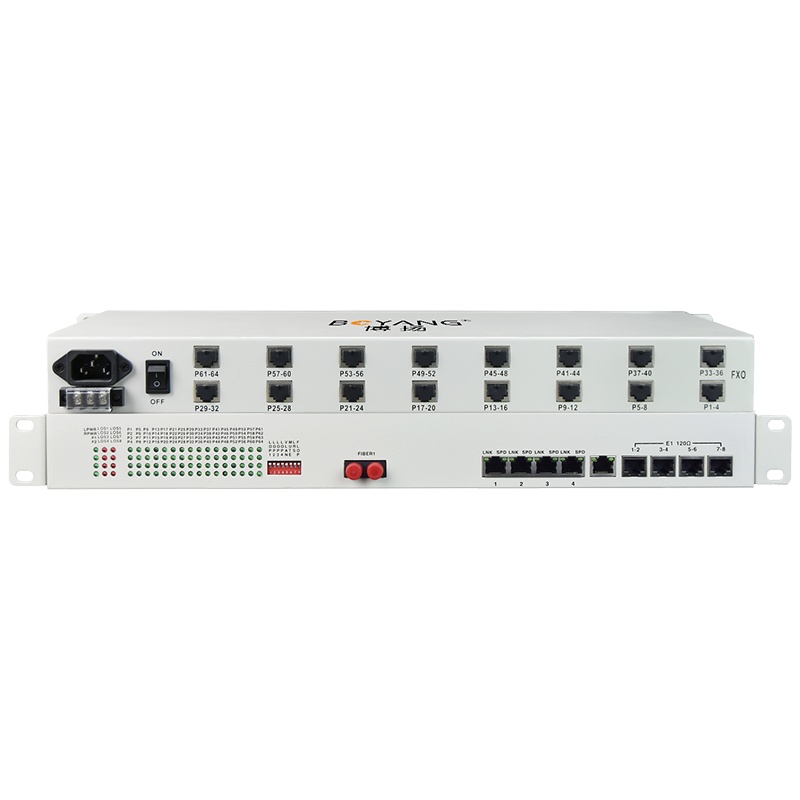 博扬 综合业务电话光端机 8路E1+64路电话+4路百兆物理隔离网 LC单纤60km机架式 1对价BY-64P8E4Fv