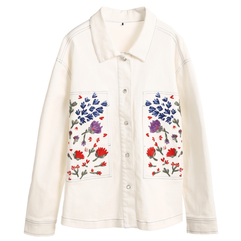 裂帛刺绣牛仔外套夏装新款文艺风百搭绣花长袖宽松白色上衣