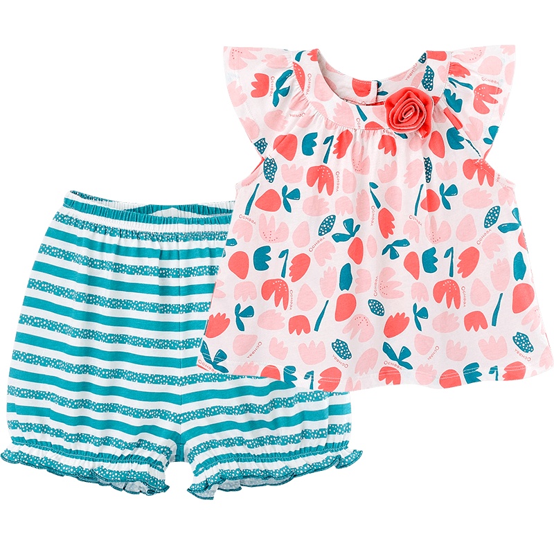 英氏儿童套装宝宝圆领短袖休闲背心短裤外出套装 2021春夏新款