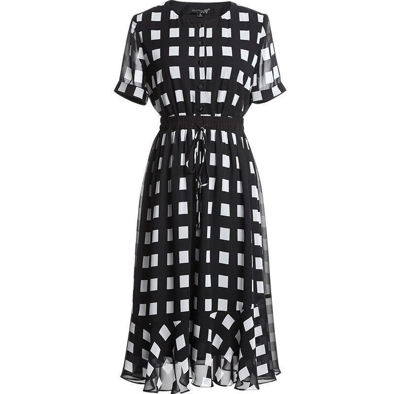 欧昵雪 夏格子雪纺连衣裙女高腰显瘦短袖系带松紧腰中裙鱼尾裙X