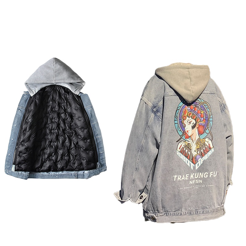 茜靓CHYLLIRN冬季卡通牛仔羽绒服男士潮牌ins胖子大码2020年新款加厚外套