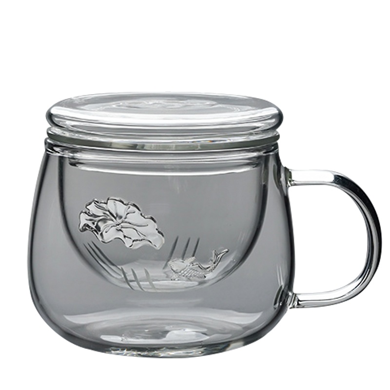 镶银耐热玻璃杯带把透明加厚过滤带盖办公泡茶水分离花茶杯子 玲珑泡茶杯300ml-银荷叶鱼