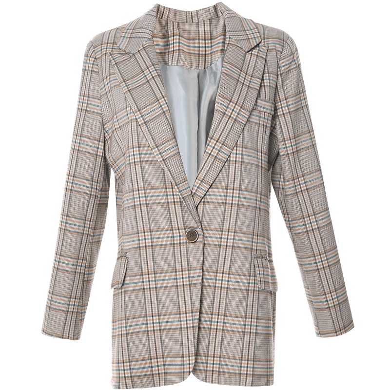 欧昵雪复古翻领一粒扣格子西装外套女长袖西服上衣