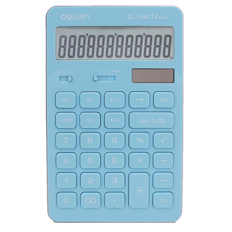 得力deli1548A学生财务会计计算器简约双电源太阳能12位数计算器高颜值糖果色浅蓝色