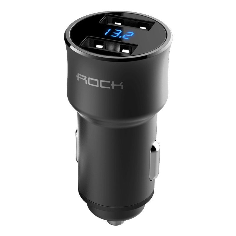 洛克(ROCK)车载充电器一拖二 车充智能数显多功能点烟器双usb车用快充炫酷黑12-24V 苹果安卓通用