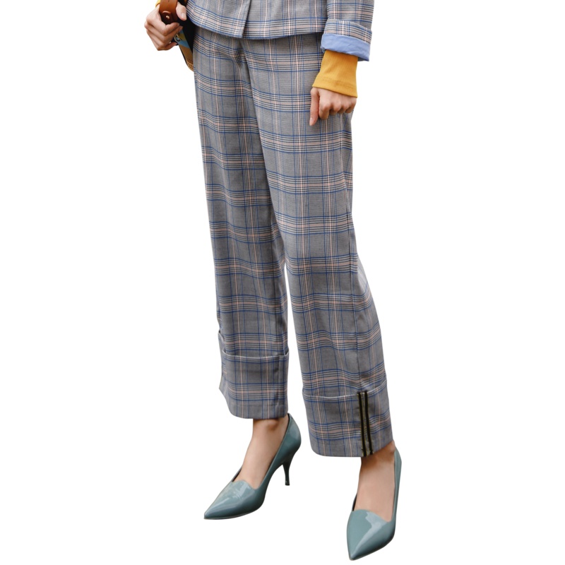 茵曼春秋装新款复古文艺色织格纹直筒裤女