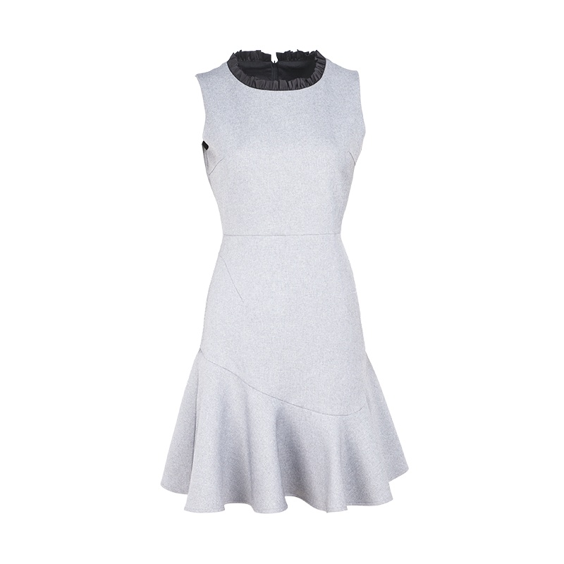 晩白 新品小香风木耳边领无袖收腰显瘦中长款包臀连衣裙女