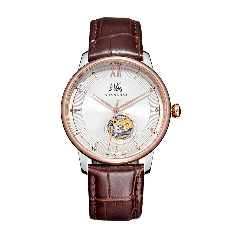 上海(SHANGHAI)手表个性露摆系列男表女表自动机械表男士手表884机械机芯超薄表壳精钢5ATM防水手表男机械表