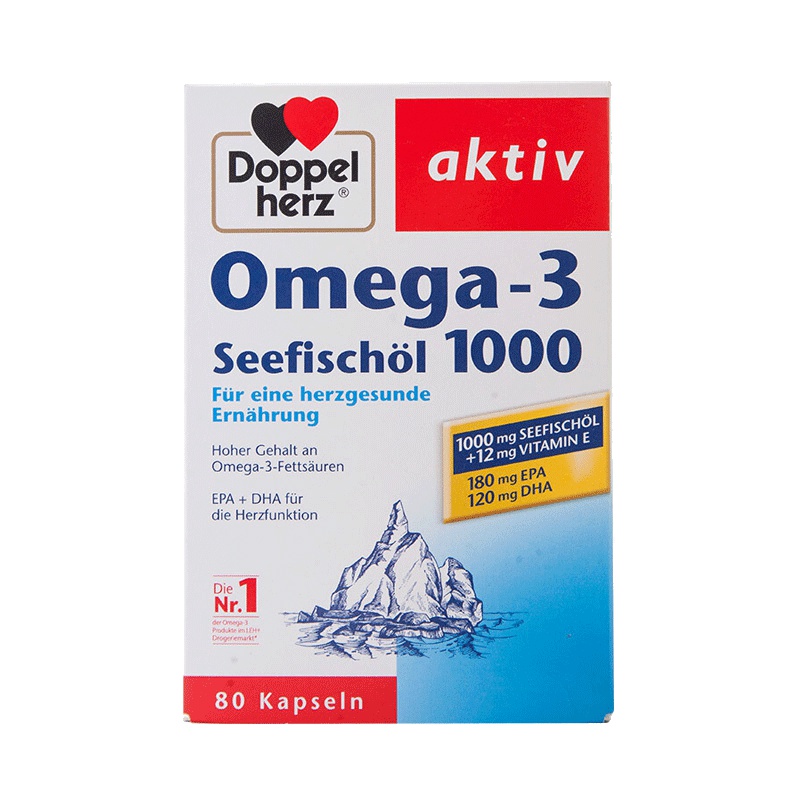 [鲜活鱼油 超高含量]双心(Doppelherz) Omega3深海鱼油胶囊 1000毫克 80粒/盒 168g