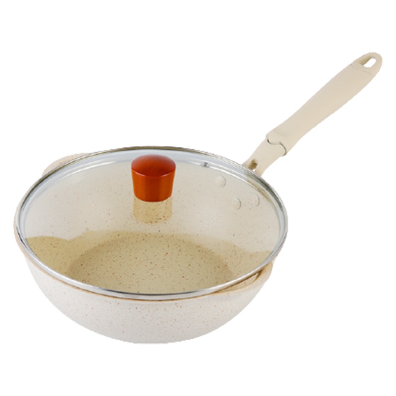 不粘锅炒锅家用小号麦饭石平底锅煎炒两用电磁炉专用炒菜锅_白色-28cm炒锅无盖