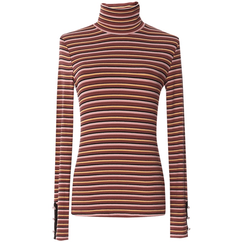 欧昵雪秋冬修身高领套头条纹毛衣女长袖显瘦针织打底衫