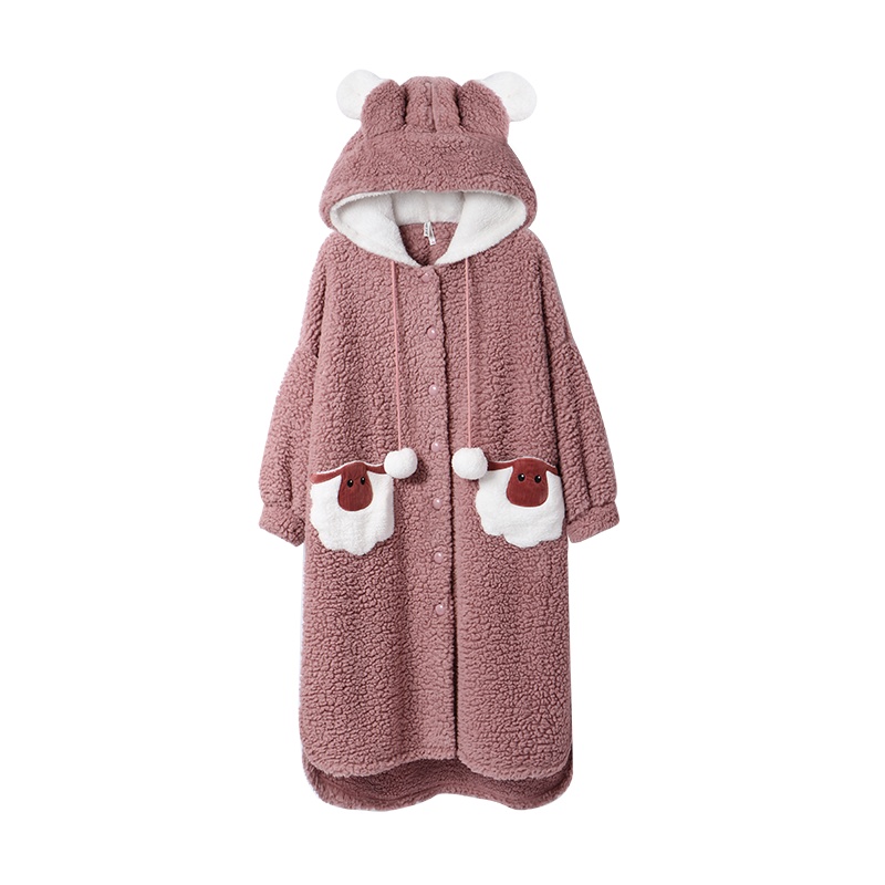 安之伴冬季卡通可爱儿童睡裙羊羔绒女童中长款可外穿带帽家居服睡衣