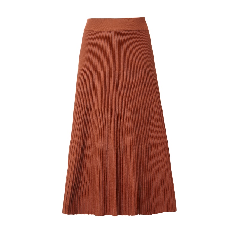 晚白2019秋季新品百搭简约纯色松紧高腰中长款A字裙针织半身裙女