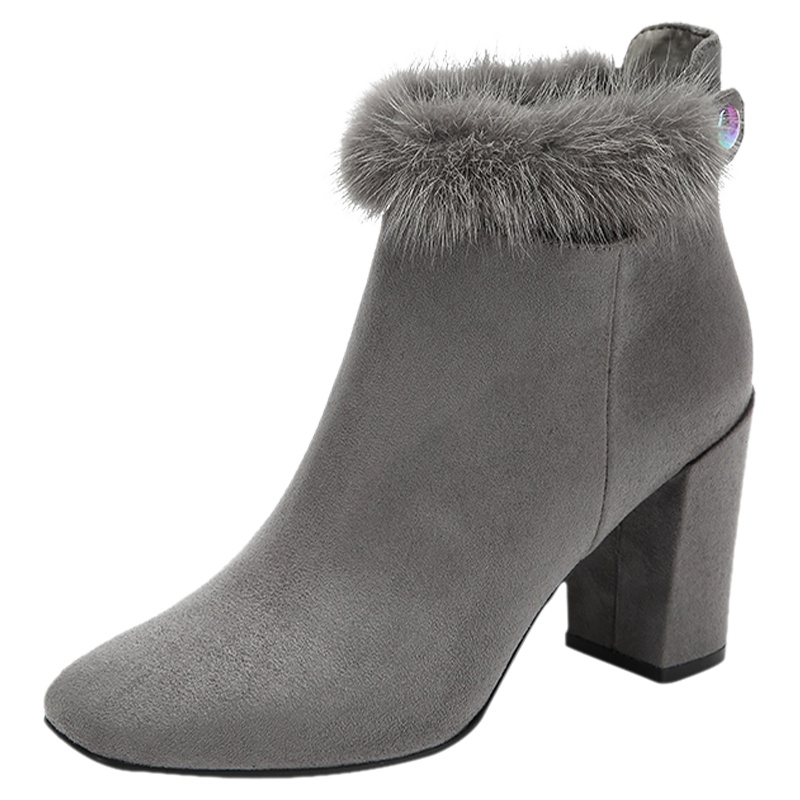 达芙妮新款方头绒面粗跟短靴女毛毛绒高跟裸靴鞋