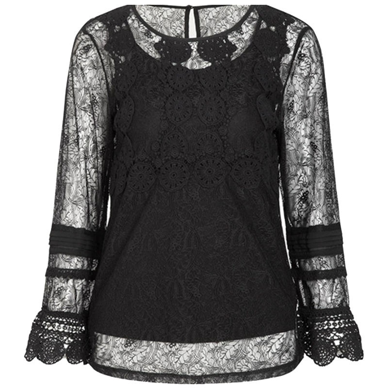 拉夏贝尔秋新款性感显瘦镂空七分袖上衣蕾丝打底衫女10012149