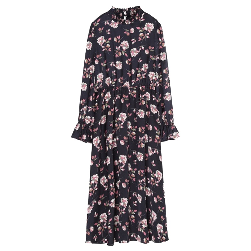 【专柜同款】拉夏贝尔碎花连衣裙女士季高腰a字裙长袖高领长裙子潮10019392