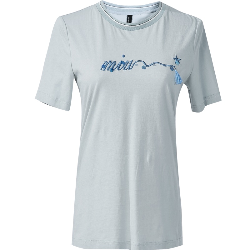 欧昵雪夏季流苏装饰字母绣花宽松圆领纯棉T恤女短袖上衣