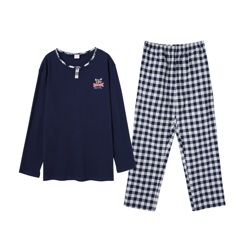 雪仙丽家居服套装男春季纯棉长袖灰色可外穿格子长裤男士圆领睡衣