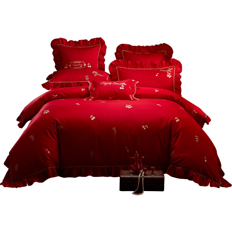 南极人(NanJiren)家纺 婚庆四件套大红色斜纹全棉刺绣龙凤婚房床上用品喜被子全套装结婚六件套