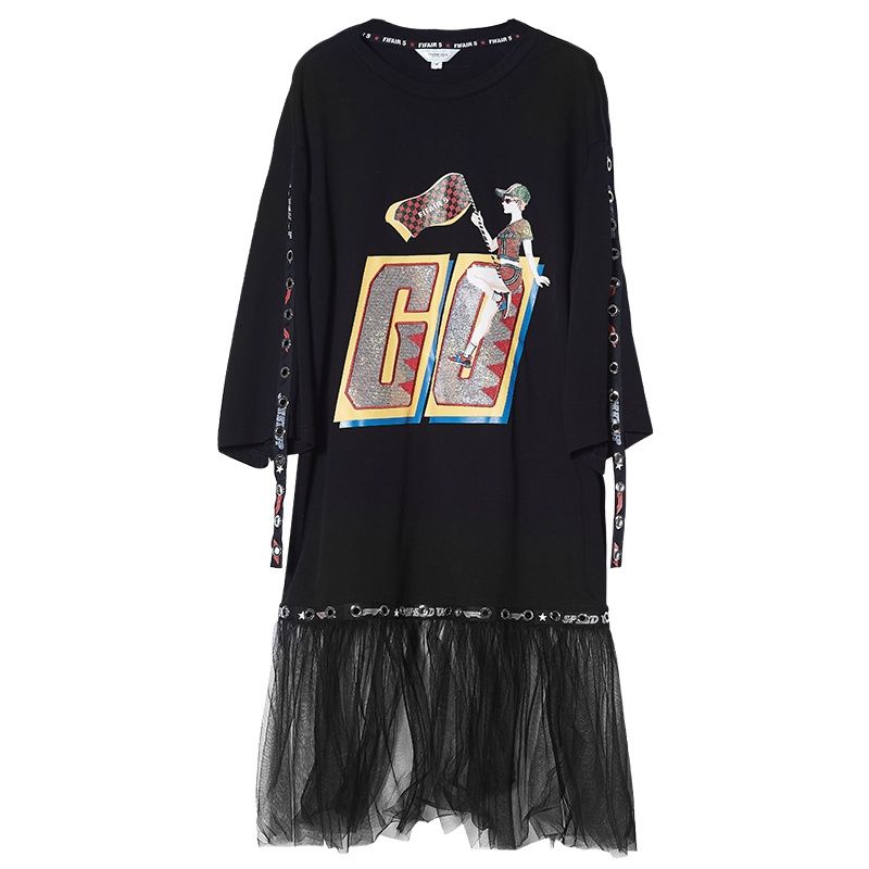 马克华菲女装2019秋新基础款印花T恤裙拼接网纱连衣裙