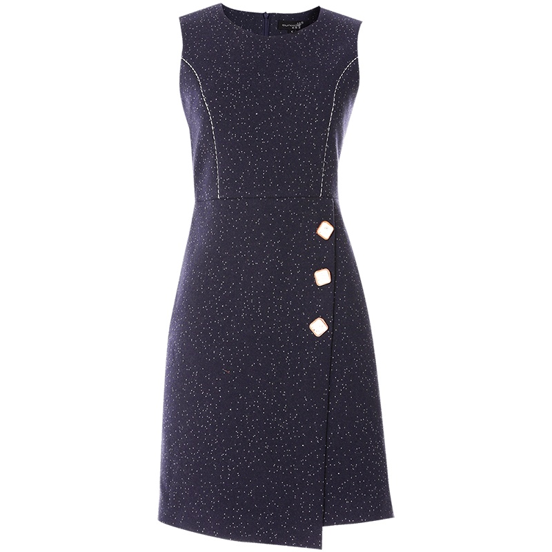 欧昵雪秋冬不规则开叉点点修身毛呢连衣裙女无袖背心裙子