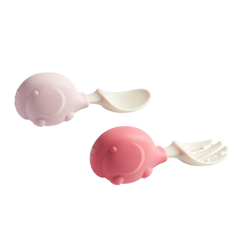 babycare宝宝叉勺学吃饭 短柄训练勺婴儿PPSU儿童餐具辅食勺套装 小象-萨洛恩红